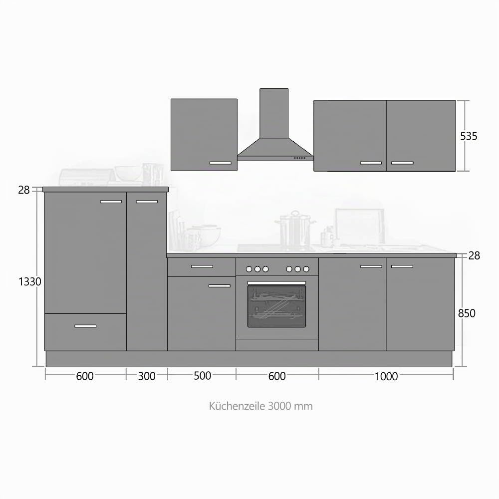 Lomadox Einbauküche mit Elektrogeräten 300cm | Küchenzeile Küchenblock E-Geräte Singleküche | Weiss/Graphit 3m