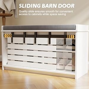 RASOO Shoe Storage Bench with Sliding Barn Doors, White Shoes Bench Cabinet with Grey Cushion, Adjustable Shelves (2 Sliding Doors and Open Cabinet) RASOO Shoe Storage Bench with Sliding Barn Doors White Shoes Bench Cabinet with Grey Cushion Adjustable Shelves 2 Sliding Doors and Open Cabinet