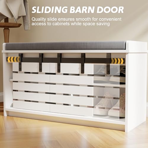 RASOO-Shoe-Storage-Bench-with-Sliding-Barn-Doors-White-Shoes-Bench-Cabinet-with-Grey-Cushion-Adjustable-Shelves-2-Sliding-Doors-and-Open-Cabinet RASOO Shoe Storage Bench with Sliding Barn Doors White Shoes Bench Cabinet with Grey Cushion Adjustable Shelves 2 Sliding Doors and Open Cabinet