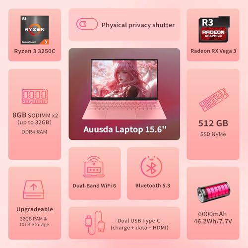 Image of Auusda 2026 Traditional Laptop Computer for Students & Work, 15.6 inch, 3250C Ryzen 3 Processor, WiFi 6, BT 5.3, Backlit Keyboard, Fingerprint, Dual USB Type-C, Win11 Pro, 8GB RAM, 512GB NVMe SSD, Pink