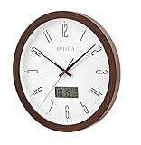 Bulova Clocks C5007 Dateline 14” Atomic Wall Clock – Espresso Pine Wood Case, Glass Lens, Dual Time with LCD Second Time Zone/Temperature Display, Radio-Controlled Accuracy