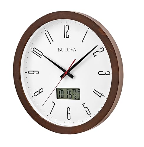 Bulova Clocks C5007 Dateline 14” Atomic Wall Clock – Espresso Pine Wood Case, Glass Lens, Dual Time with LCD Second Time Zone/Temperature Display, Radio-Controlled Accuracy