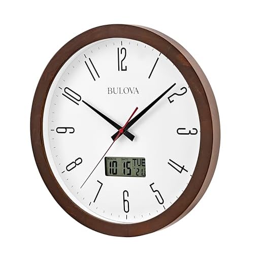 Bulova Clocks C5007 Dateline 14” Atomic Wall Clock – Espresso Pine Wood Case, Glass Lens, Dual Time