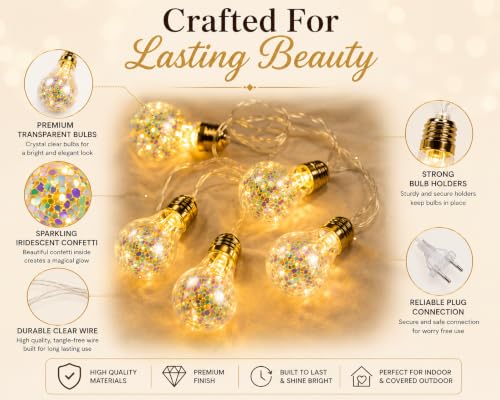 Image of Quace 10 Bulb Plug-in Confetti String Lights, Warm White LED Decorative Fairy Lights,Hanging Bulb Lights for Bedroom, Balcony, Patio, Wedding, Party & Home Decor