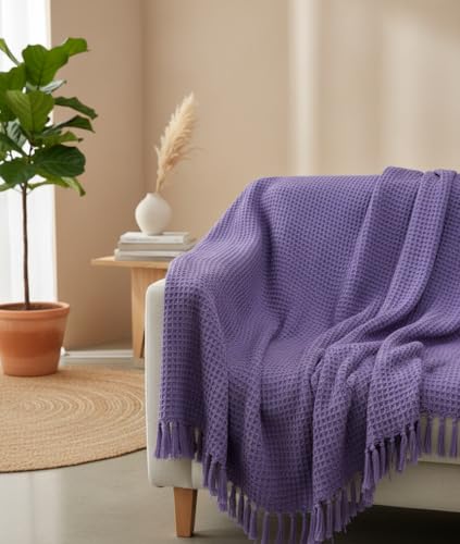 Image of Furnistitchs Bohemian Cotton Sofa Throw Blanket 50x60 inches | Waffle Knit & Chevron Pattern with Fringes | Aesthetic Decorative Couch Throw for Living Room & Bedroom (Lavender Purple)