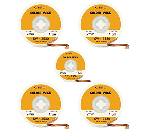 Image of Solder Wick Braid Copper Wire with Flux 1.5m Length X 2mm Width I Desoldering Wire I Solder Sucker I Solder Remover I Soldering Iron I Solder Braid for Circuit Board (Pack of 5).