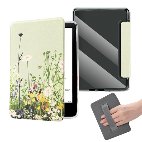 Image of 6 inch Green Clear Case for Kindle 11th Generation(2024 /2022 Release) with Hand Strap,Cute Wildflower Slim Book Cover, PU Basic Kindle eBook Accessories