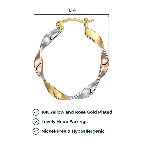 MORGAN & PAIGE .925 Sterling Silver Rhodium, 14K Rose Gold & 18K Yellow Gold Plated Three-Tone Twisted Silver Hoop Earrings for Women - Lightweight Gold Earrings for Women with Secure Latch Back Clasp3