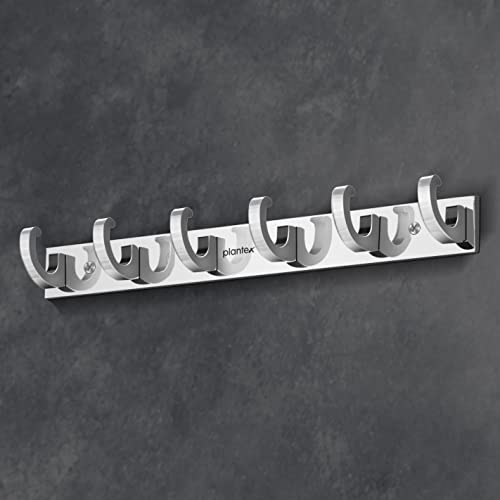Image of Plantex Aluminum Over The Door Hook Hanger /Hook Rail with 6 Hooks for Walls of Bathroom /Kitchen - Hook Rail for Bathroom - Pack of 2 (6 Pin, Chrome)