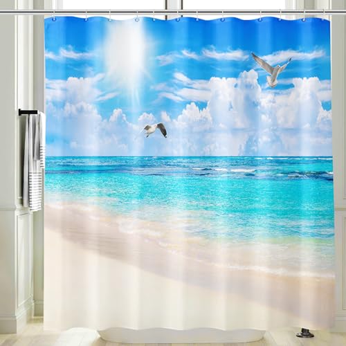 Vgzsyomqib Strand Türkis Meer Duschvorhang 200x200 Lang Anti Schimmel Wasserdicht für Badewanne Stoff Shower Curtains 3D Beige Insel Vögel Möwen Blau Ocean Motiv Duschvorhänge Waschbar Textil