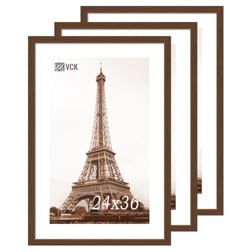 Image of VCK 24x36 Poster Frame Solid Wood brown 3 Pack Picture Frames 24 x 36 Inches with Wall Mounting Hanging