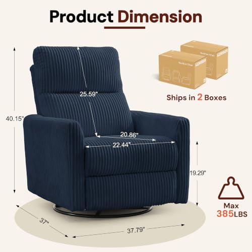Image of Korser 360 Swivel Glider Rocker Manual Recliner, High Back Corduroy Recliner with Curved Armrests, Blue Nursery Rocking Reclining Chair for Living Room Bedroom Adults