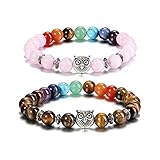Jovivi 2pcs 7 Chakras Rose Quartz Tiger Eye Stone Yoga Balancing Reiki Healing Owl Lucky Charm Bracelet