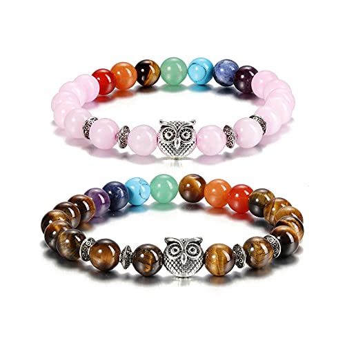 Jovivi 2pcs 7 Chakras Rose Quartz Tiger Eye Stone Yoga Balancing Reiki Healing Owl Lucky Charm Bracelet