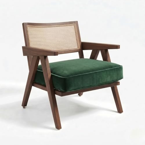 Image of Kingsman Furnitures ABEL Rattan Teak Wood Accent Arm Chair for Home Bedroom, Living, Dining, Drawing Room | Ultra Soft and Comfortable for Stress Free | Removable Cushion (Walnut Forest Green)