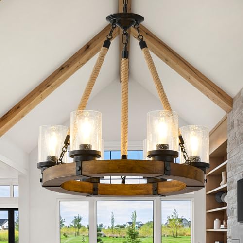 Rustic Wagon Wheel Chandelier 6Light Farmhouse Wood Chandelier with Seeded