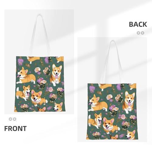 Corgi Floral Flowers Print Polyester Canvas Tote Bag, Shopping Bag With Reinforced Handles, Reusable3