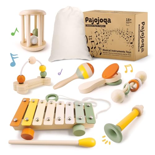 Pajojoqa 7pcs Musical Instruments Set 18M+ Montessori Toys 2 3 4 Neutral Colors Wooden Toys for Toddlers 3-5 Percussion Instruments Modern Boho Xylophone Sensory Gifts Boys Girls - image 1