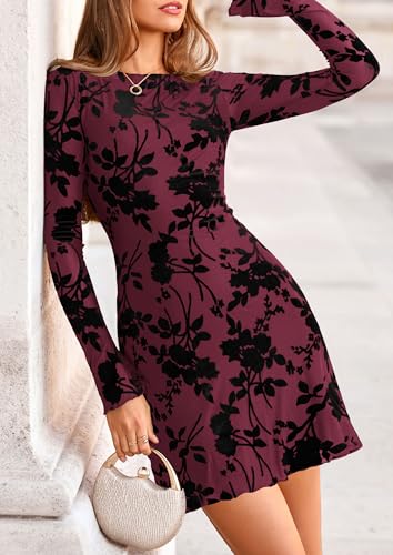 Image of PRETTYGARDEN Women's Fall Floral Long Sleeve Mini Dress | Printed Sheer Mesh, Bell Sleeve Boat Neck, Bodycon Short Dresses, Party Date Night, Cute Casual Outfits, Fashion Clothing