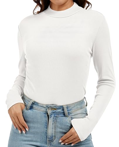 Jeqeocafy Women's Knitted Rib Mock Neck Long Sleeve Tshirt Fall Fashion Basic Thermal Underwear Tops Winter Clothes 2025 White