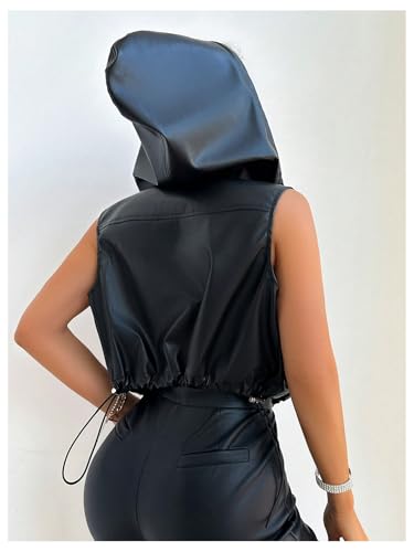 Verdusa Women's PU Leather Zip Up Cropped Vest Sleeveless Hooded Jacket with Pockets2