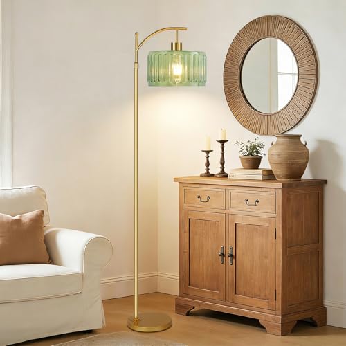Image of QIYIZM Glass Floor Lamp for Living Room,Bedroom,Gold Dimmable Standing Lamp with Remote,Mid Century Modern Brass Tall Lamp Boho Vintage Retro Floor Lamps Arc Green Flower Floor Light Lamp Bohemian