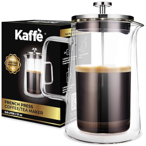 Kaffe Glass French Press Coffee Maker (27oz / 0.8L) - Double-Wall Insulated Borosilicate Glass Coffee Press - Travel & Camping - Homemade French Press Coffee