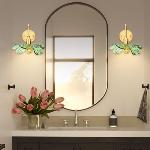 Image of Green Sconce Plug in Wall Sconces Vintage Wall Lamp with Green Glass Shade - Plug in or Hardwired Brass Finish Light Fixture for Bedroom, Living Room, Bathroom Lighting