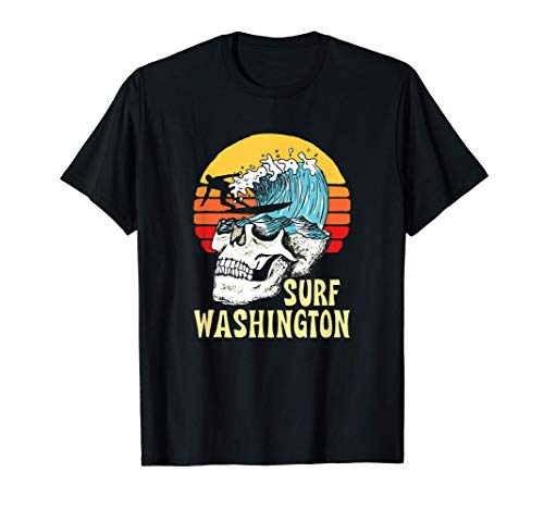 Surf Washington Vintage Artistic Skull, Surfer & Wave Beach Camiseta