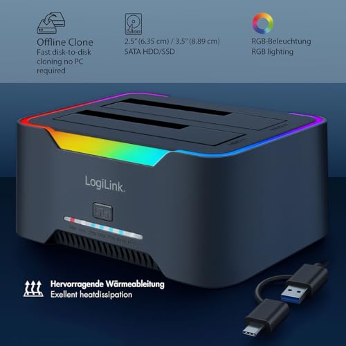 LogiLink 2-portowa podwójna stacja dokująca, USB-C 3.2 Gen1, do dysków twardych 2,5" i 3,5", SSD/HDD, z klonem offline (bez klonowania dysków twardych PC), transmisja danych 5 Gbit/s