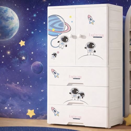 Image of Portable Collapsible Wardrobe for Kids Plastic Storage - Cloth Organizer Cupboard /Multipurpose Storage /Closet for Bedroom /Living Room /Easy to Assemble Room & Home (Sky Starry)