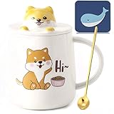 Disoza Hund Tasse mit Deckel Dog Mug 400ml Lustige Kaffeetasse Hund Geschenk Keramik Teetasse mit Löffel & Untersetzer Tee Kaffee Weihnachten Becher Geburtstagsgeschenk für Frau Freundin Kinder