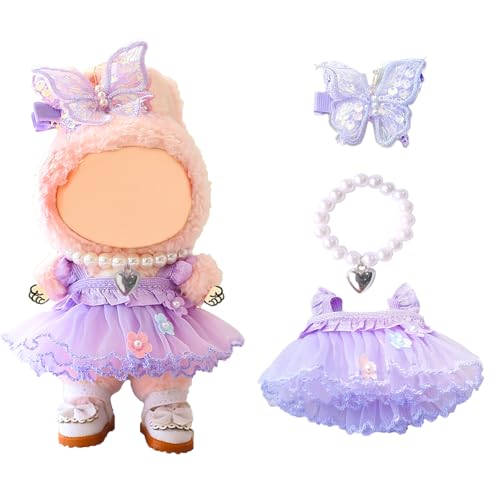 15cm 17cm Doll Clothes Set for Lububu, Purple Princess Dress Summer Outfit with Tulle Skirt, Hairpin & Pearl Necklace，Cute Clothing and Accessories Designer for 6.7 Inch Girl Dolls Display