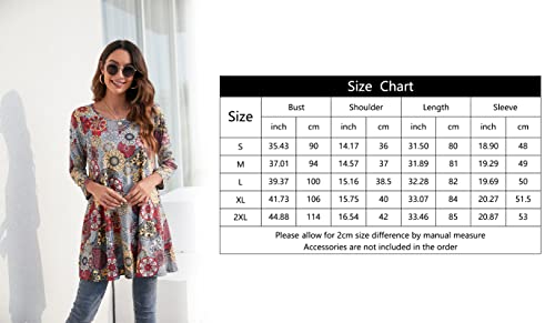 Enmain Tunic Tops For Women Loose Fit With Leggings Plus Size Tunics 3/4 Sleeve Dressy Casual Swing Ladies Blouses Floral Crewneck Flare T Shirts Grey Red #TOP6