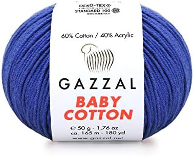 5 Skein (Pack) Total 8.8 Oz. Gazzal Baby Cotton Each 1.76 Oz (50g) / 150 Yrds (165m) Soft, Fine Baby Yarn, 60% Cotton (Blue - 3421)