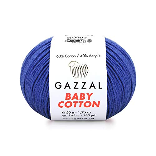 5 Skein (Pack) Total 8.8 Oz. Gazzal Baby Cotton Each 1.76 Oz (50G) / 150 Yrds (165M) Soft, Fine Baby Yarn, 60% Cotton (Blue - 3421) #TOP1