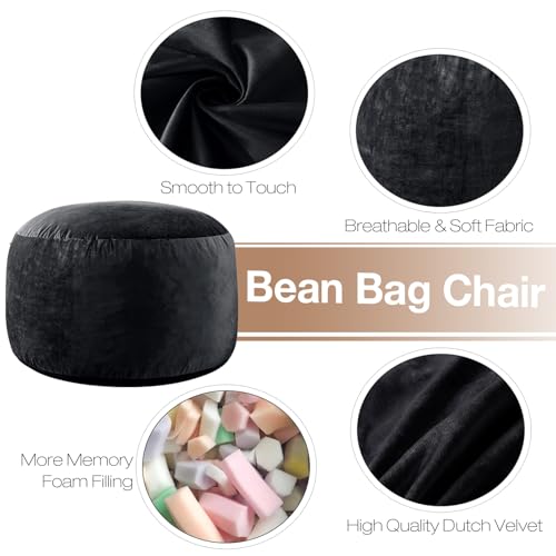 Image of 3 ft Bean Bag Chair,Large Bean Bag Chairs for Adults,3 Foot,Black | Memory Foam Filling,Bean Bag Sofa for Living Room,Ultra Soft Velvet Fabric,Pull-Handle,Side-Pocket