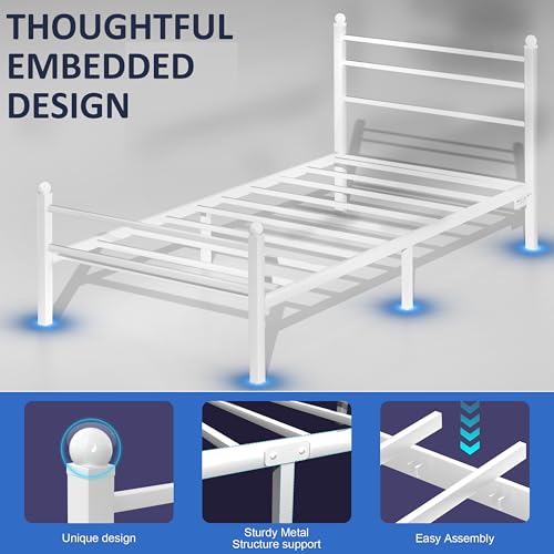 Image of J.Fkne Twin Bed Frame with LED Lights & Charging Station, Metal Platform Bed with Headboard, Heavy Duty Metal Slats, No Box Spring Needed, Noise Free, Easy Assembly, White