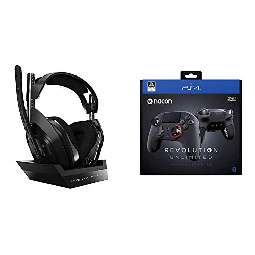 ASTRO Gaming A50, Wireless Gaming-Headset mit Ladestation, Gen 4, Dolby Audio, Game/Voice Balance Control, 2,4 GHz Kabellos, 9m- Schwarz/Silber & NACON PS4 Revolution Unlimited Pro Controller