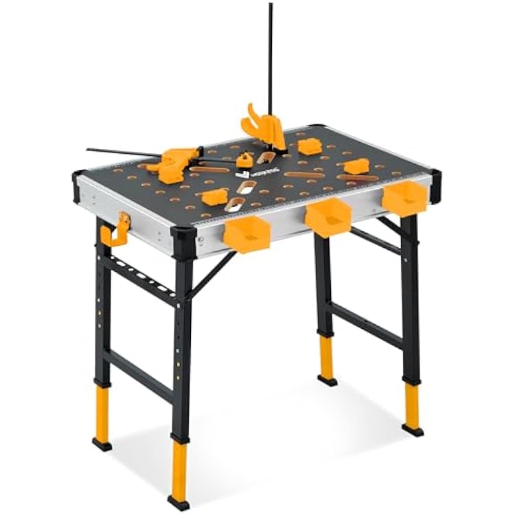WORKESS Portable Workbench 1000Lbs Capacity 2026 Upgraded Adjustable 5 Level Height Heavy Duty Folding Work Table with 2 Quick Clamps, 4 Bench Dogs, 3 Tool Boxes for Garage Easy Storage