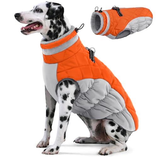 Image of AOFITEE Dog Coat, Warm Dog Jackets for Large Dogs, Reflective Turtleneck Dogs Winter Coat with Harness Built in, Waterproof Windproof Pet Snow Jacket Fleece Vest for Cold Weather, Orange XXL