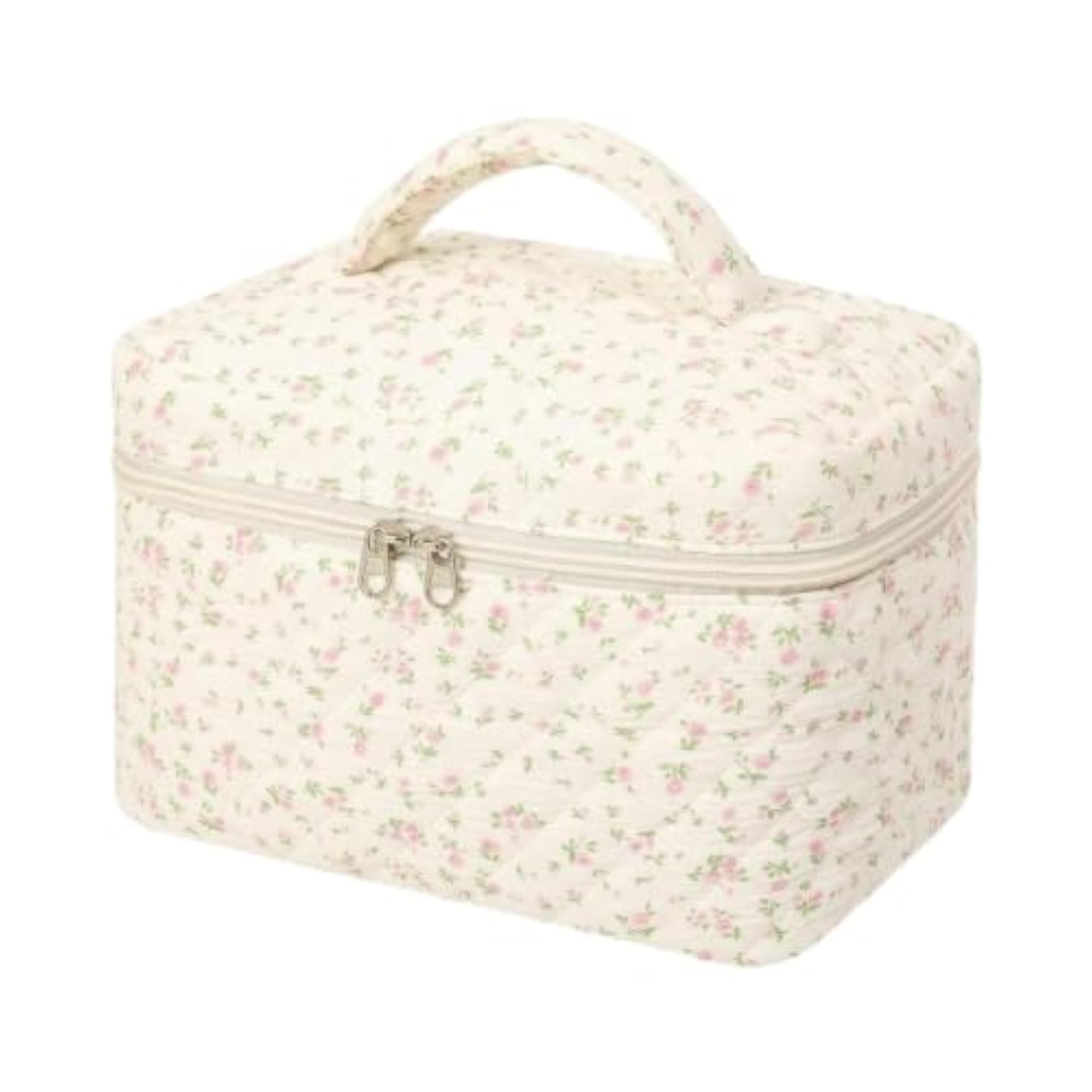 Lightweight Quilted Makeup Bag Zippered Cosmetic Bag with Handle, Pink
