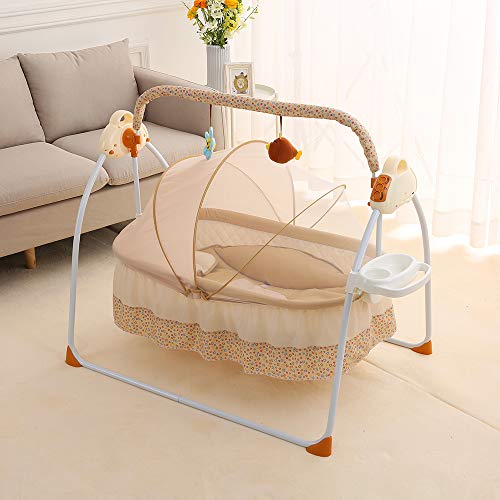 Electric Cradle Baby Swing Infant Bed Cot Crib Rocking Basket Newborn Bassinet Self Rocking Baby Rocker 0-24 Months 55 LB Automatic Intelligent Sleeping(Khaki)