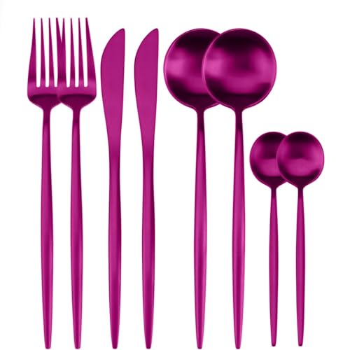 Image of 8 pcs Flatware Set, Pink Silverware Set for 2, Knife Fork Spoon, Stainless Steel Home Dinnerware Tableware,Mixed Cutlery Set Eating Utensils for Restaurants (8 Pcs Pink)