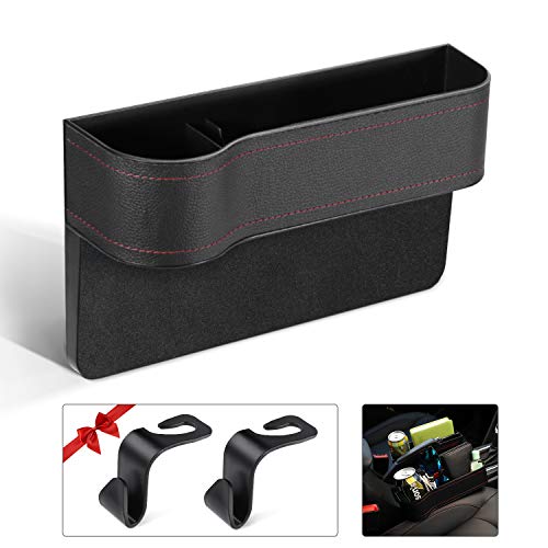 HOUSE DAY Car Seat Gap Filler PU Leather Car Console Side Organizer Seat Pockets Catch Caddy Car Seat Storage Box Organizer with Cup Holder for Phone Key Car Interior Accessories (1 Pack with Hook)