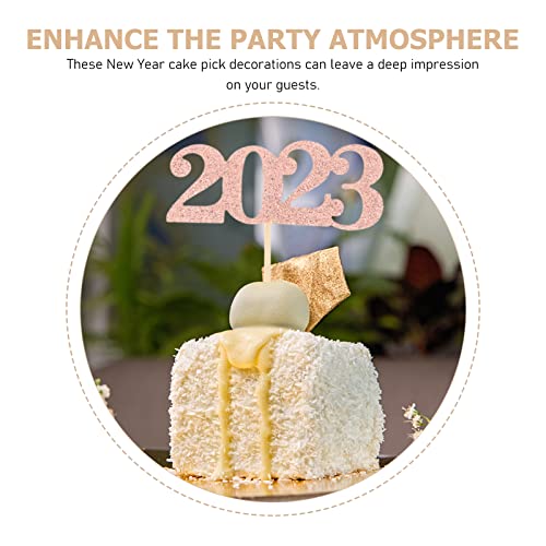 LUOZZY 40 peças 2023 Feliz Ano Novo Cupcake Toppers Glitter Rose Gold 2023 Palhetas de Cupcake Decor