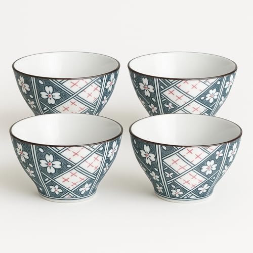 Image of YELONA Japanese Style Ceramic Bowls - 4.8 Inch (300ml), Set of 4 - Checkered Design Rice /Noodle Bowls - Microwave & Dishwasher Safe, Ideal for Gifting Choice