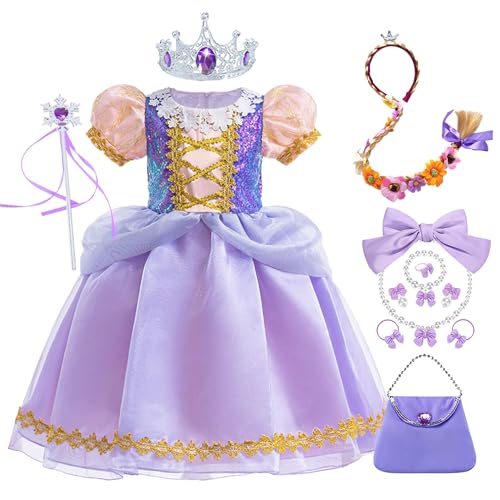 New front Disfraz de Princesa Sofia para Niñas Princesa Rapunzel Tul Brillante con Accesorios Cumpleaños Fiesta Cosplay Halloween Carnaval Halloween Coronación Vestido,Morado,100