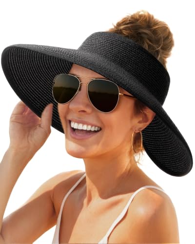 Image of FURTALK Womens Sun Hat with Ponytail Hole Wide Brim Beach Straw Visor | Foldable & Packable for Beach Vacations, Adjustable Fit for Messy Buns, Detachable Windproof Strap, Sweat-Wicking Inner Band