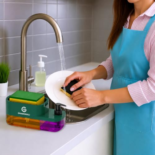 Image of Kitchen Soap Dispenser with Sponge Holder 3-in-1 Dish Wash & Hand Wash Pump for Sink Countertop BPA Free Easy Refill